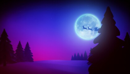 santa claus with his sleigh very near to the moon