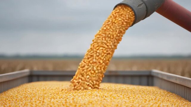 Close-Up of Golden Corn Kernels Flowing Freely from a Grain Elevator into a Harvest Truck in Rural Agricultural Field 4k video footage