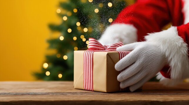 Santa claus hands wrapping christmas gift with red ribbon in festive holiday setting