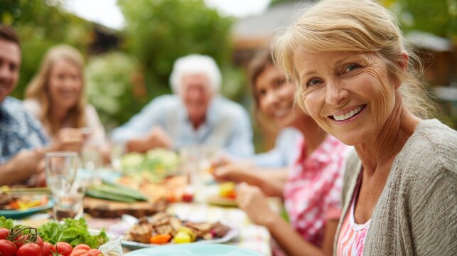 Multi-Generational Family Enjoying Outdoor Meal Together, Grandmother in Focus, Celebrating Connection and Shared Moments