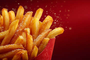Crispy Salted French Fries in a Red Container on a Red Background