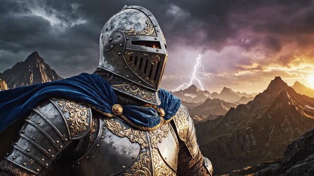 Medieval knight faces storm with determination amidst majestic mountain landscape. exploring courage and valor in adverse conditions.