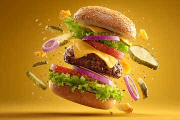 Flighting Burger with Ingredients Suspended in Mid-Air — Dynamic Food Shot