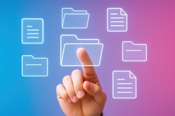 Document Management System Concept: Hand Interacting with Digital Folders and File Icons on Gradient Background