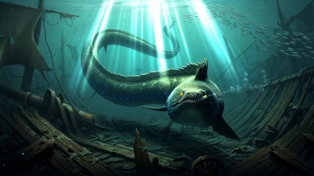 Sea monster swimming near shipwreck with light rays streaming through water, pirate adventure concept animation