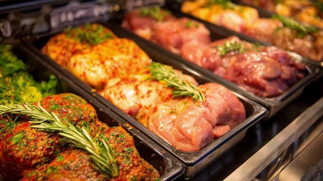 Freshly marinated meats with colorful herbs and spices highlighting the variety of flavorful options in a welllit butcher shop display