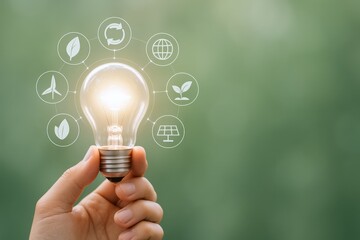 Sustainable Energy Concept: Hand Holding a Light Bulb Surrounded by Eco-Friendly Icons on Green Background