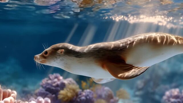 Cute marine seals swimming underwater in clear blue ocean, playful wildlife animation of fur seals in natural sea habitat