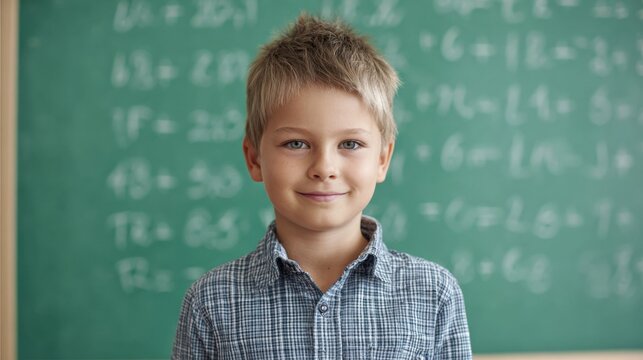 Elementary Student Portrait in Classroom: Young Boy with Green Chalkboard Background Displaying Academic Equations