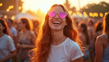 Woman wearing heart sunglasses, laughing. Smiling girl with long hair in white T-shirt. Sunny outdoor festival with crowd background. Girl enjoying party with blurred people at sunset. Woman fun with