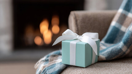 Small pastel blue gift box with white ribbon on cozy plaid blanket near warm fireplace indoors