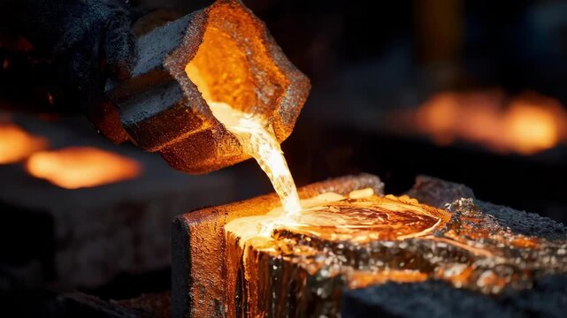 Close view of a worker pouring molten copper into a bracketshaped mold highlighting the intense heat and metal flow in a casting workshop.