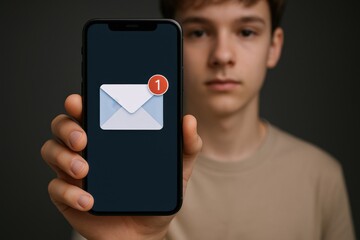 Teenager Displays Smartphone with Email Notification Icon, Signifying New Message, Communication, and Digital Connectivity