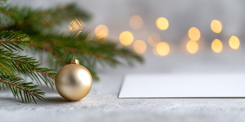 Close-up of golden Christmas ornament ball with pine branch and blurred warm bokeh lights on soft textured surface with blank card