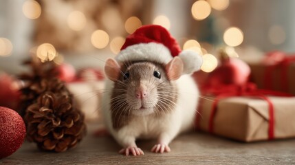 Festive Rat Wearing Santa Hat Surrounded by Christmas Decor, Representing Holiday Cheer and Animal Themes