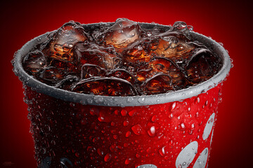 Close-Up of Ice-Cold Cola with Bubbles in a Red Cup