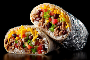 Sliced Burrito Wrapped in Foil with Two Halves Showing the Filling