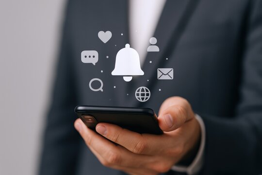 Man Holding Smartphone with Notification Icons: Social Media Engagement and Digital Marketing Concept