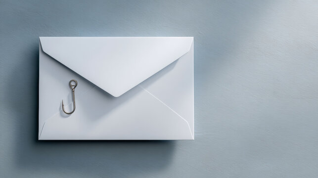 A white envelope with a fish hook on it is displayed against a grey background