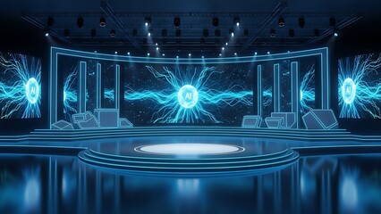 Futuristic Stage with AI Visuals and Neon Lighting artificial intelligence presentation performance technology modern platform screen