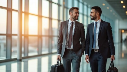 Two successful businessmen walk in modern, sunlit airport terminal building. Share smile, talking together as colleagues on business trip. Men carry travel bags, ready for flight departure arrival.