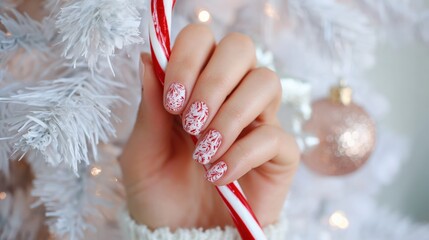 Festive Holiday Manicure Featuring Candy Cane Design and Christmas Tree Ornament Background for Holiday Season