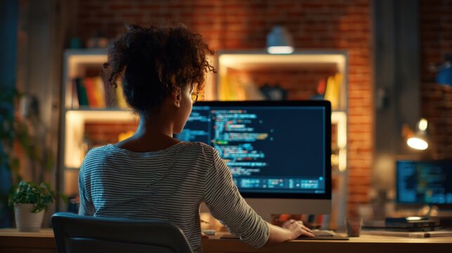 Focused Woman Coding at Her Desk in a Warmly Lit Room at Night - Powered by Adobe