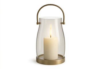 Glass hurricane lantern holding a burning candle