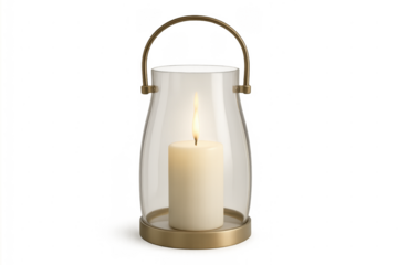 Glass hurricane lantern holding a burning candle