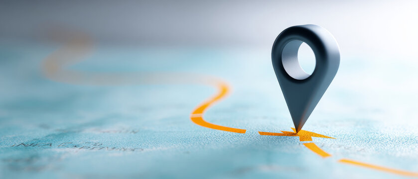 A map pin is placed on a path, indicating the destination or point of interest in navigation apps and maps