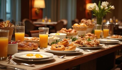 Buffet breakfast spread in hotel with pastries bread juice eggs. Wide selection of food items arranged on table for guests. Elegant dining setup with fresh fruit and pastries.