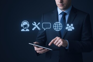 Businessman using a tablet with customer support, solutions, communication, global network, and team icons
