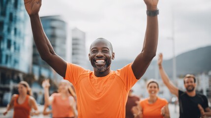 Cheerful man with arms raised outdoors leading a group of people participating in a race event