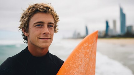 Portrait of a confident young surfer holding a surfboard against the backdrop of a city beach