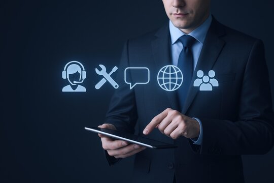 Businessman using a tablet with customer support, solutions, communication, global network, and team icons