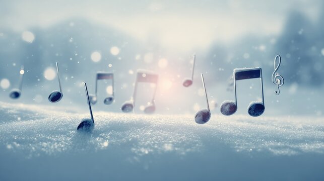 Fototapeta Winter Music: Floating Musical Notes in Snow, Creating a Melodic and Dreamy Holiday Scene