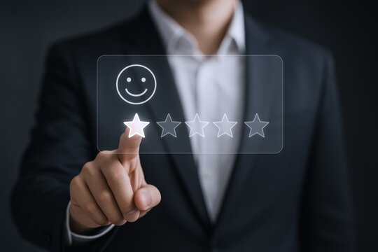 Businessman assessing customer satisfaction pressing digital star rating interface on screen with suit