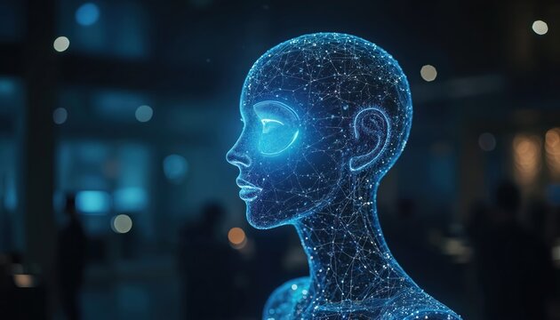 Digital human head made of blue glowing lines and dots, representing artificial intelligence and data connection. AI concept visualization in a modern office background with blurred lights.