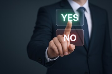 Fototapeta premium Making Decision on Digital Interface: Businessman Deciding Between Yes and No Option on Virtual Screen