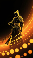 An illustration of a bright yellow-orange silhouette of a samurai drawn using clear contour lines and circles on a black-orange gradient background. Vector graphics. EPS.