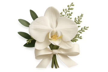 White orchid bridal boutonniere with ribbon on transparent background