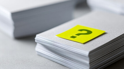 A yellow sticky note with a green question mark on it is placed on top of some white papers