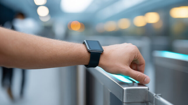 A person's hand with a smartwatch on it, touching the top of an electronic turnstile in what appears to be a public transit station or similar facility.