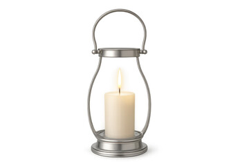 Burning candle in silver metal lantern