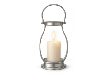 Burning candle in silver metal lantern