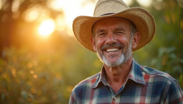Mature man wears straw cowboy hat and plaid shirt. He smiles happily outdoors in warm sunlight, background foliage blurred bokeh. Peaceful farmer outdoor, caucasian male.