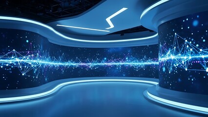 Futuristic Blue Studio with Digital Network Display modern technology high-tech design interior virtual background abstract connection