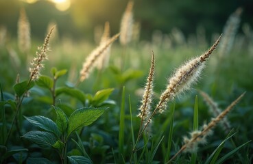 Fototapeta premium Close up photo of wild plants on sunny day. Green leaves and fluffy seed heads grow in open nature. Medicinal herbs, botanical background or eco concept.