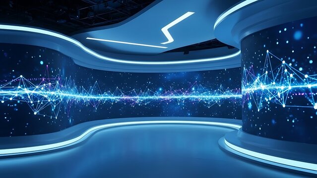 Futuristic Blue Studio with Digital Network Display modern technology high-tech design interior virtual background abstract connection