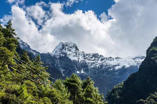 Kusum Khangkaru summit behind green forest. View from the Everest base camp trekking near Cheplung village. Mountain landscape in Himalaya, Nepal.